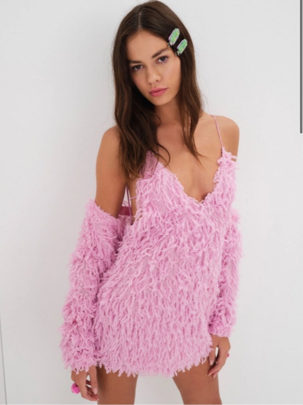 For Love And Lemons Pink Faux-Fur Spaghetti Strap Mini Dress